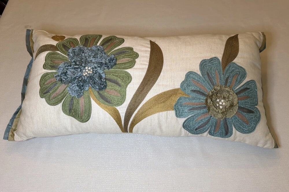 Beautiful Pier 1 Larger Rectangle Floral Detail Linen/Teal/Green Decor Pillow